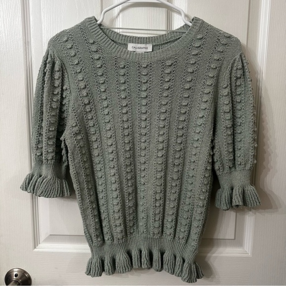 Calligraphie Bauble Textured Knit Cropped Ruffle Hem Pullover Sweater Womens L